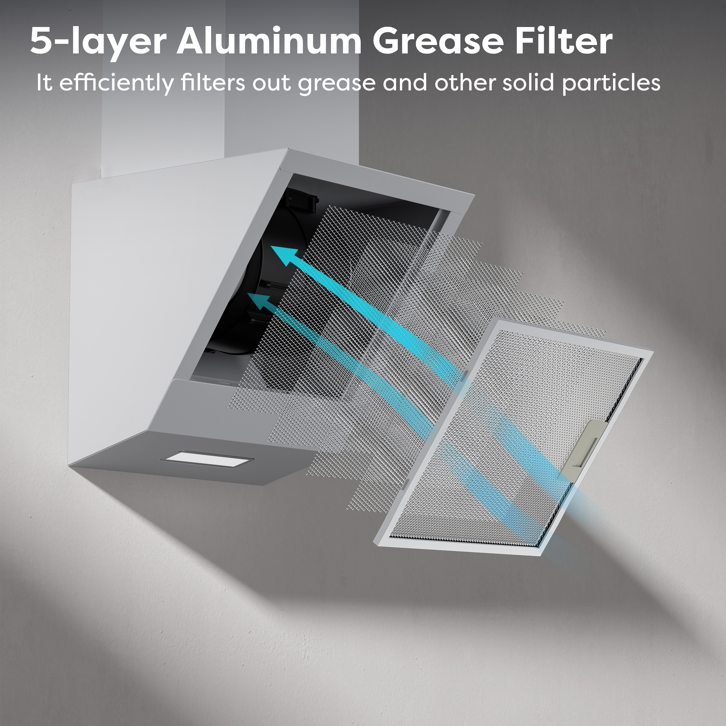 Ein weißer Dunstabzug mit herausgenommenem 5-lagigem Aluminiumfilter und blauen Pfeilen.