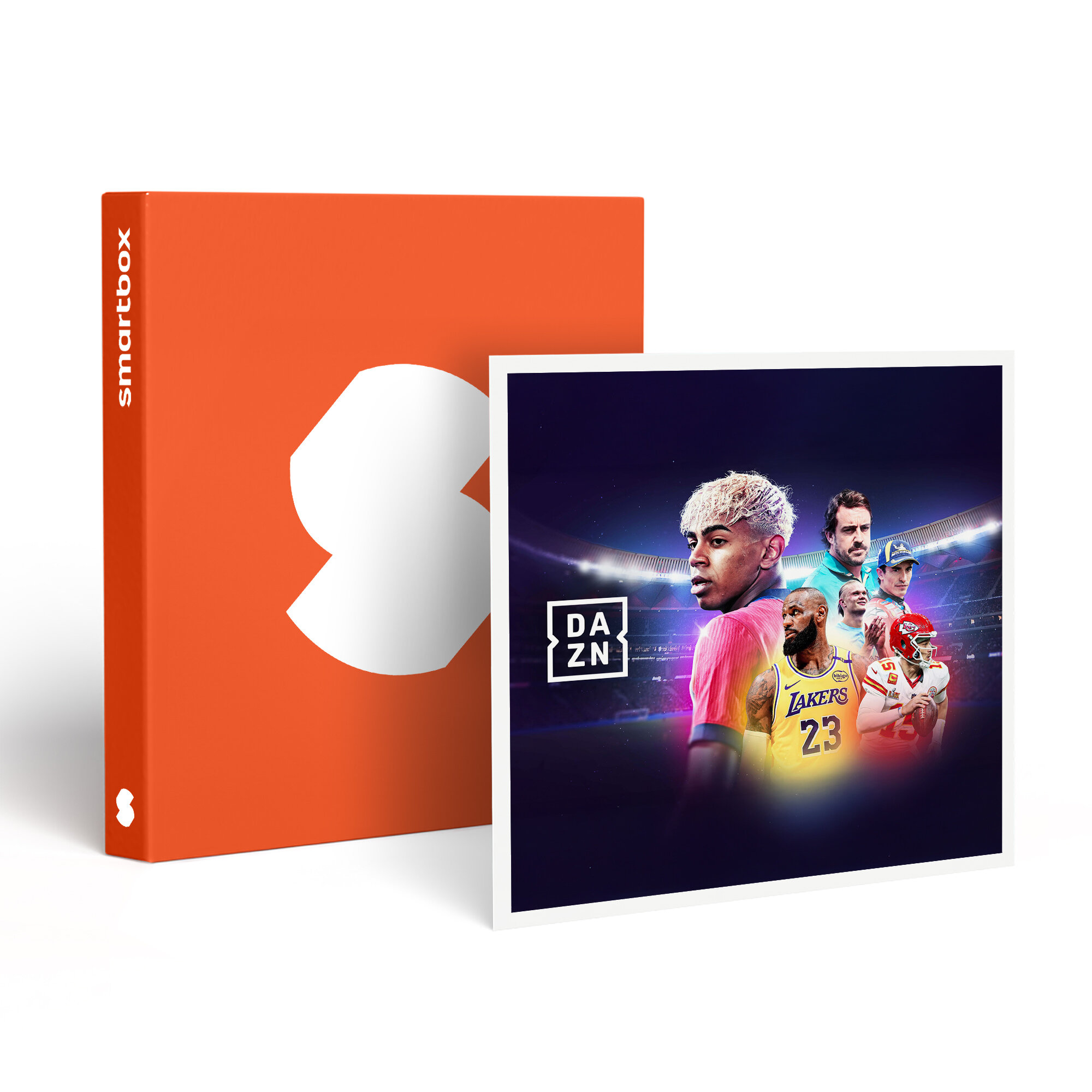Smartbox naranja junto a una imagen con deportistas y el logo de DAZN.