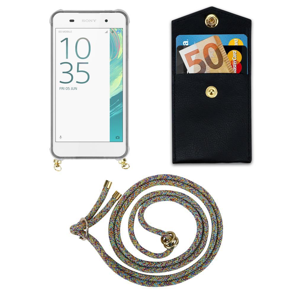 Ein Smartphone mit einer transparenten Hülle, einer schwarzen Brieftasche mit Geld und Karten und einer bunten Kordel.