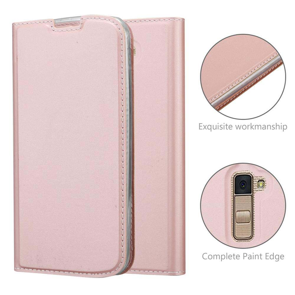 Custodia rosa per telefono con cuciture e ritagli per fotocamera e flash.