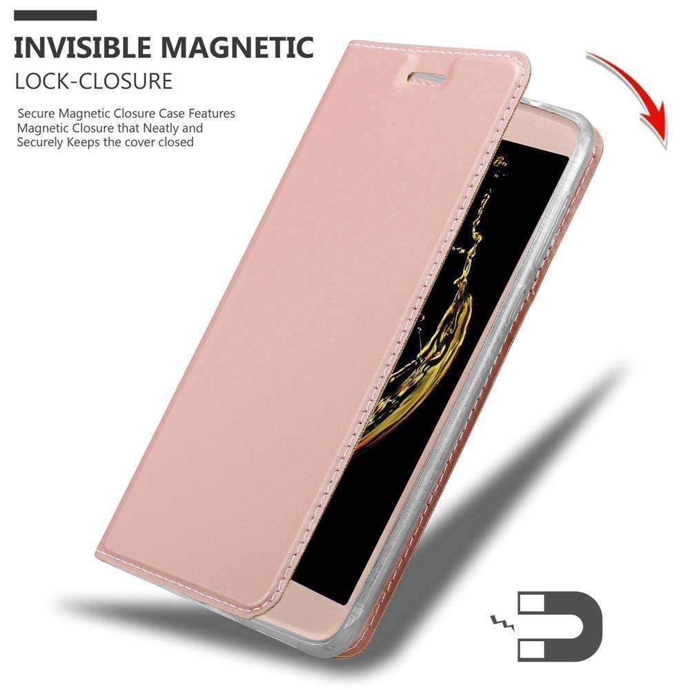Custodia rosa per telefono con chiusura magnetica, mostra l'interno del telefono.