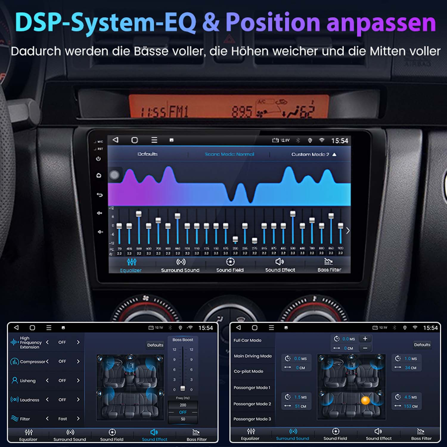 DSP-System-EQ und Positionseinstellung auf einem Autoradio-Bildschirm.