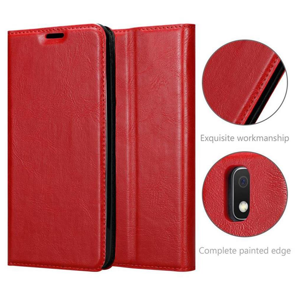 Custodia rossa in pelle per smartphone, mostrata aperta con ritaglio fotocamera.