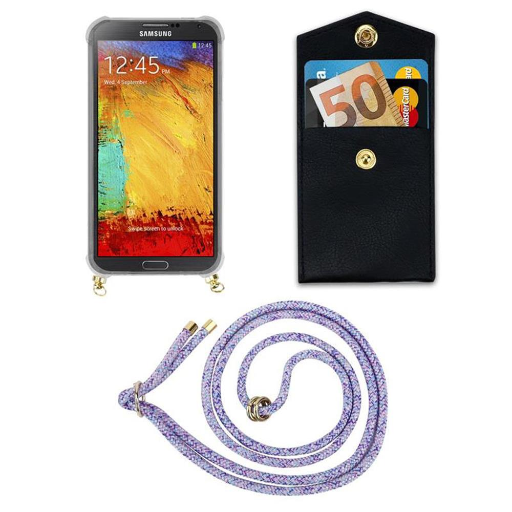 Smartphone con schermo a colori, custodia nera con soldi e carta, cordino lavanda.