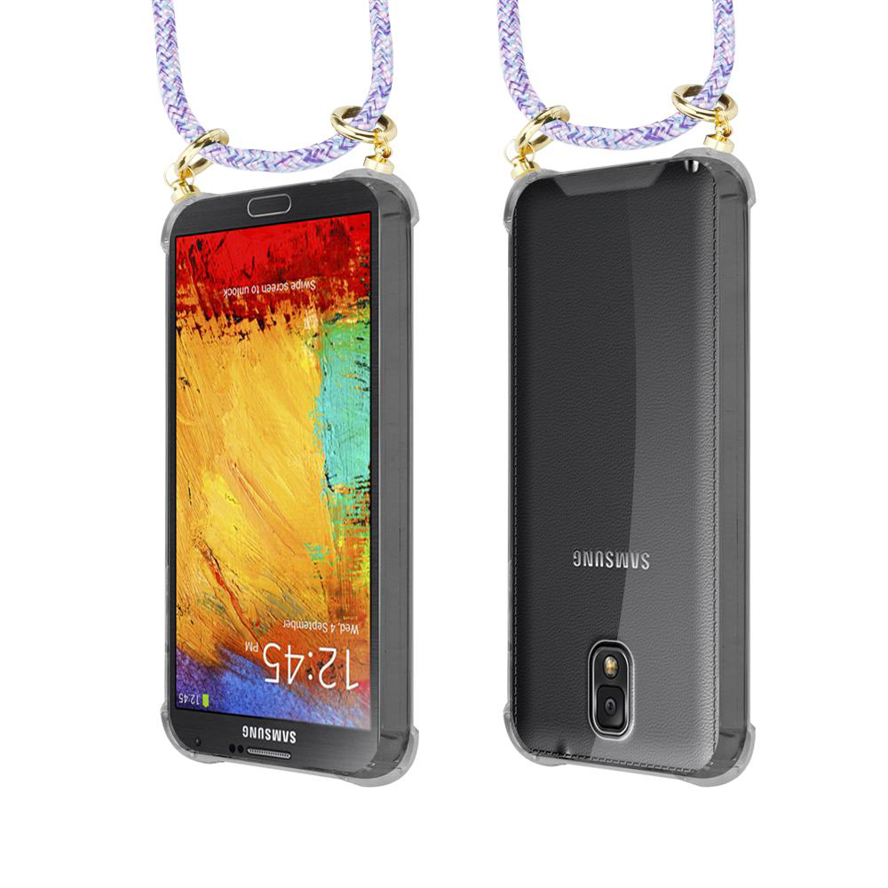 Smartphone Samsung con sfondo colorato e cordino.