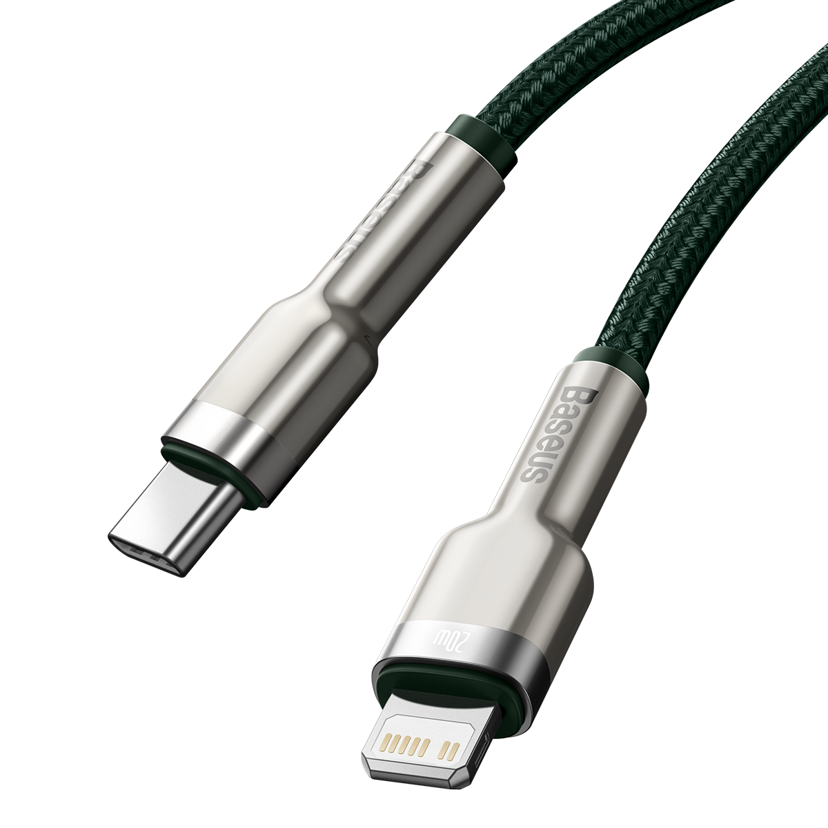 Un cavo di ricarica verde con connettori USB-C e Lightning.