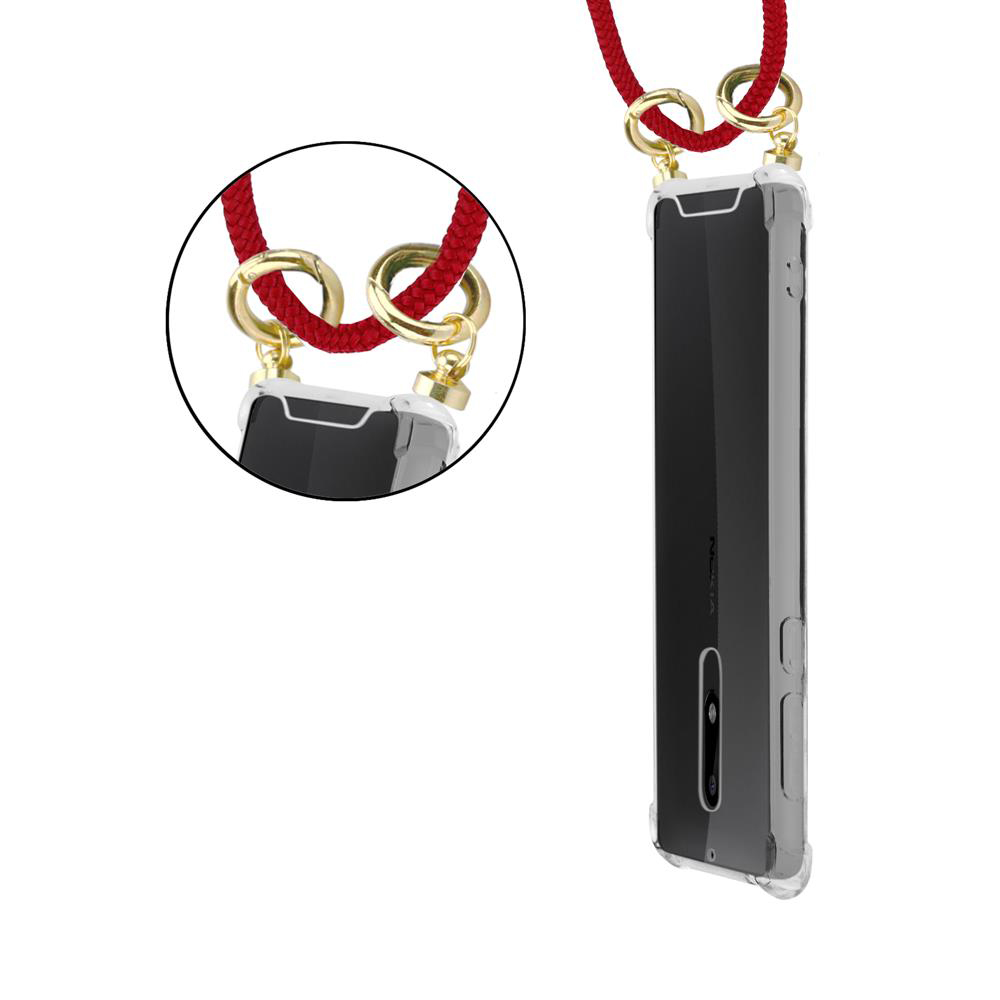 Ein durchsichtiges Handyhülle mit einem roten Band und goldenen Ringen.