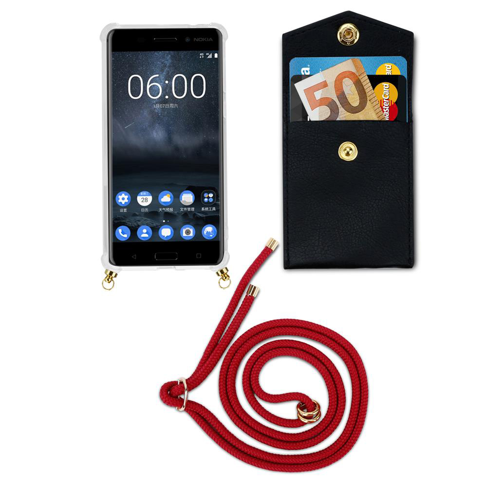 Ein Nokia-Smartphone mit einer Hülle und einem roten Band, daneben eine schwarze Tasche.