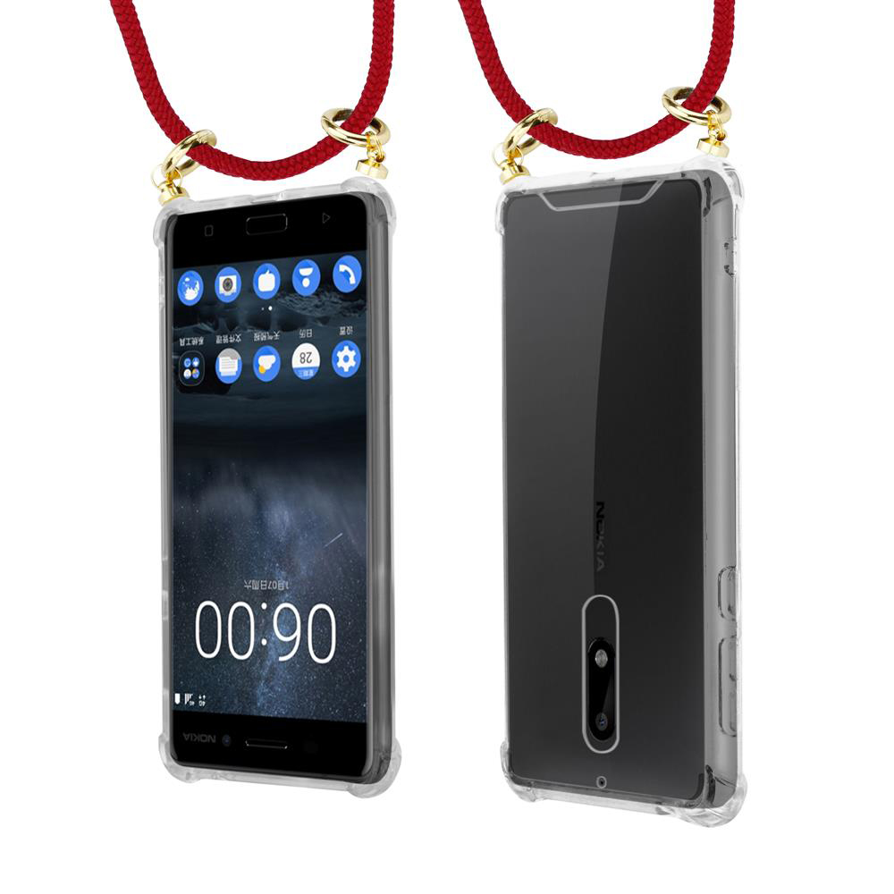 Zwei Nokia-Smartphones in transparenten Hüllen mit roten Schnüren.