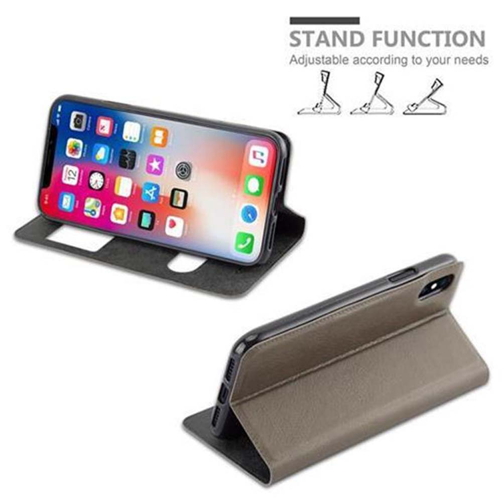 Uno smartphone in una custodia a libro marrone con funzione stand.