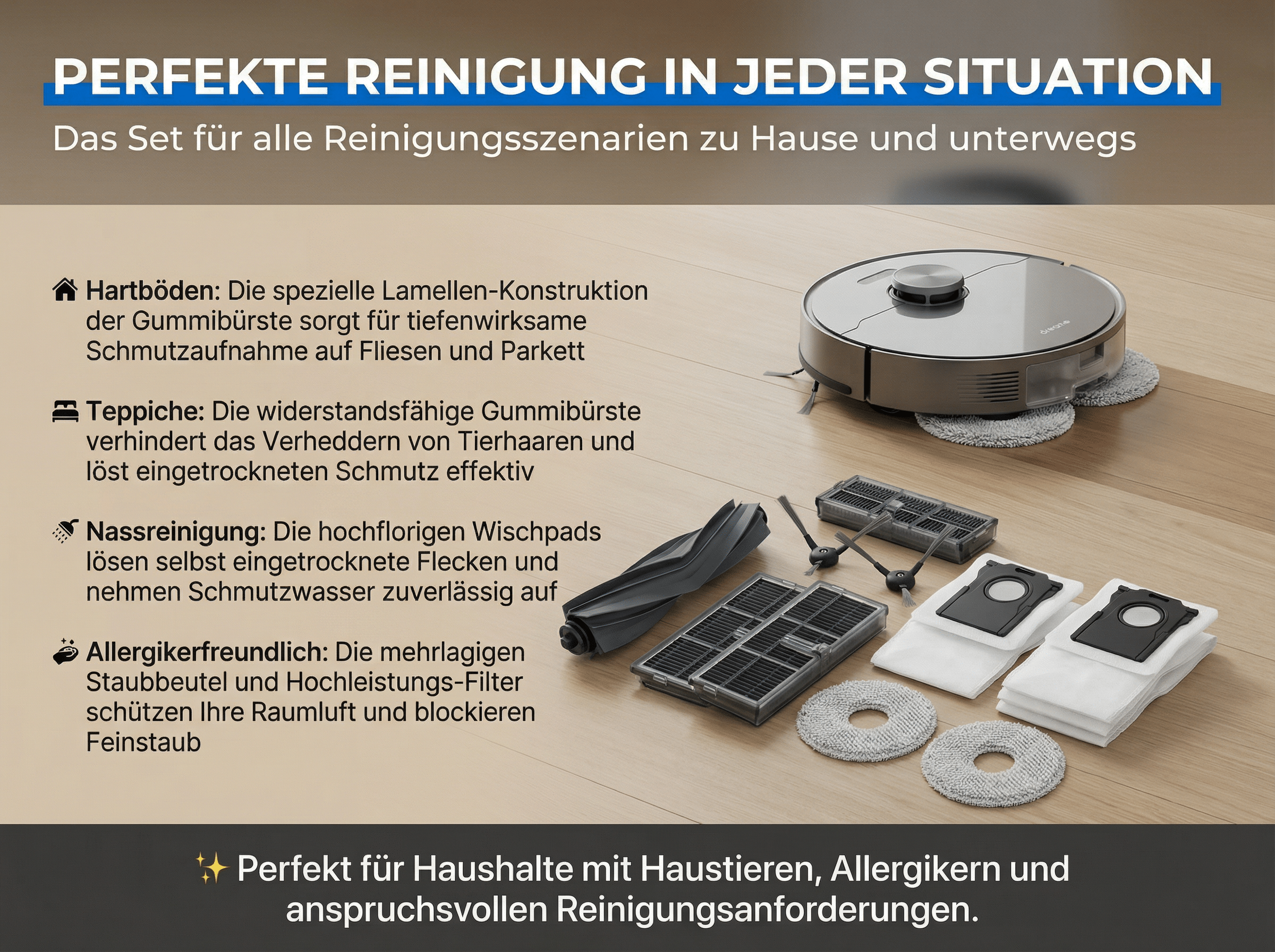 Ein Saugroboter mit Zubehör auf Holzboden.