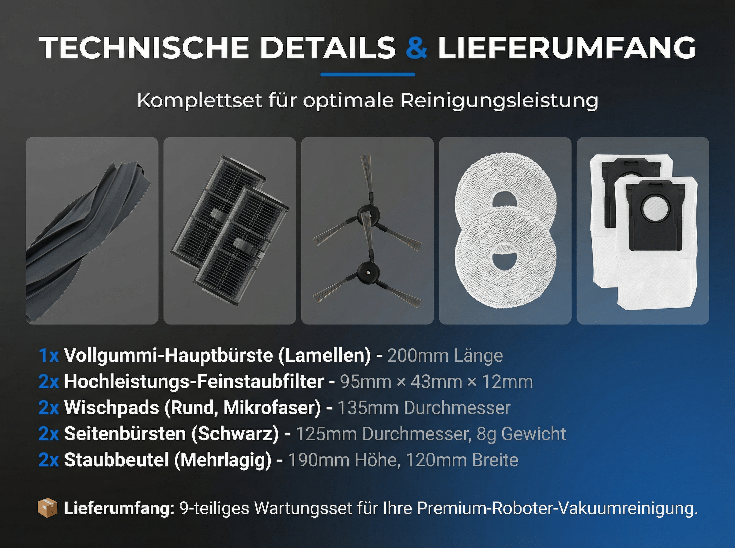 Reinigungsteile: Gummibürste, Filter, Wischtücher, Bürsten, Staubbeutel.