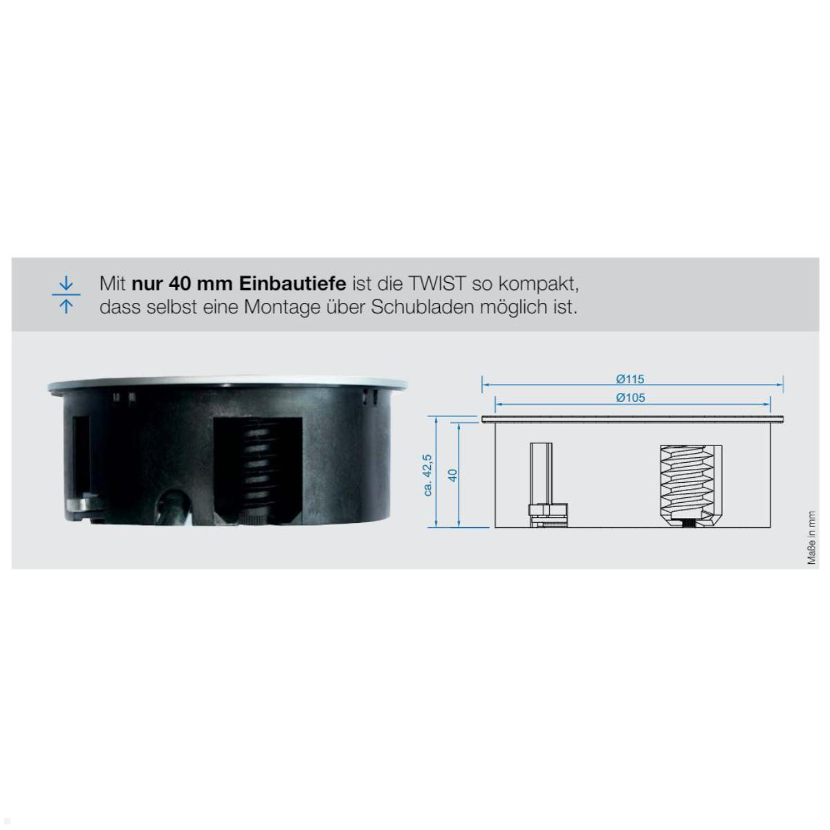 Dispositivo da incasso con 40mm di profondità, Ø115mm di diametro esterno.