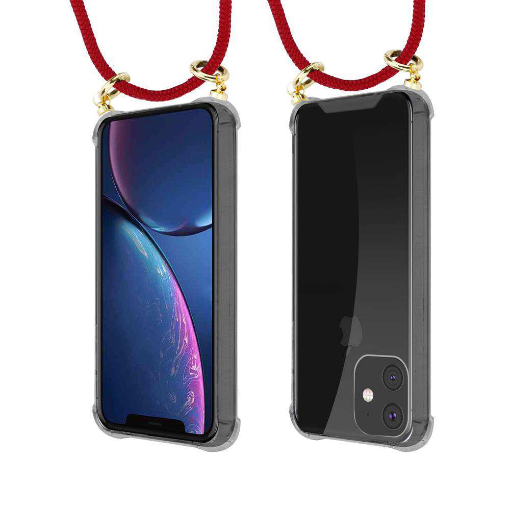 Due custodie trasparenti per telefono con cordini rossi e hardware dorato.