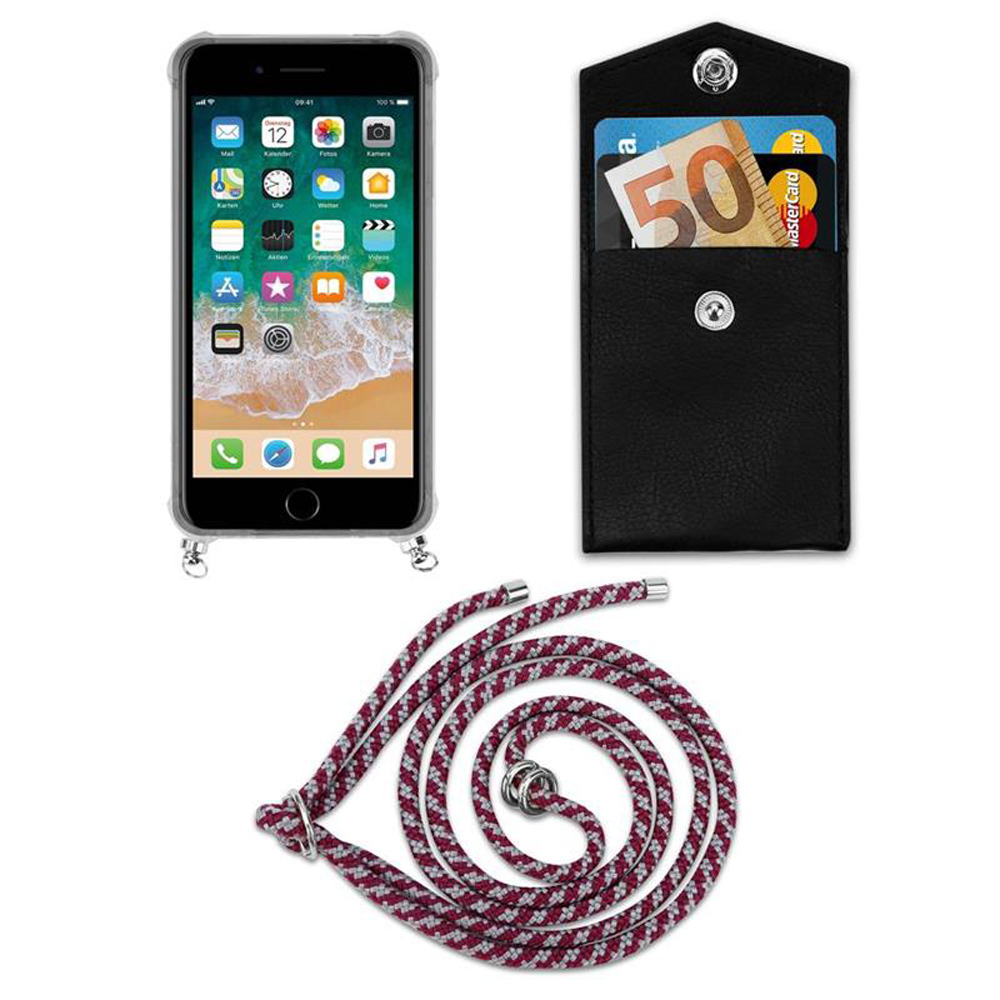Uno smartphone in custodia, un portafoglio nero con 50 euro e un laccio.