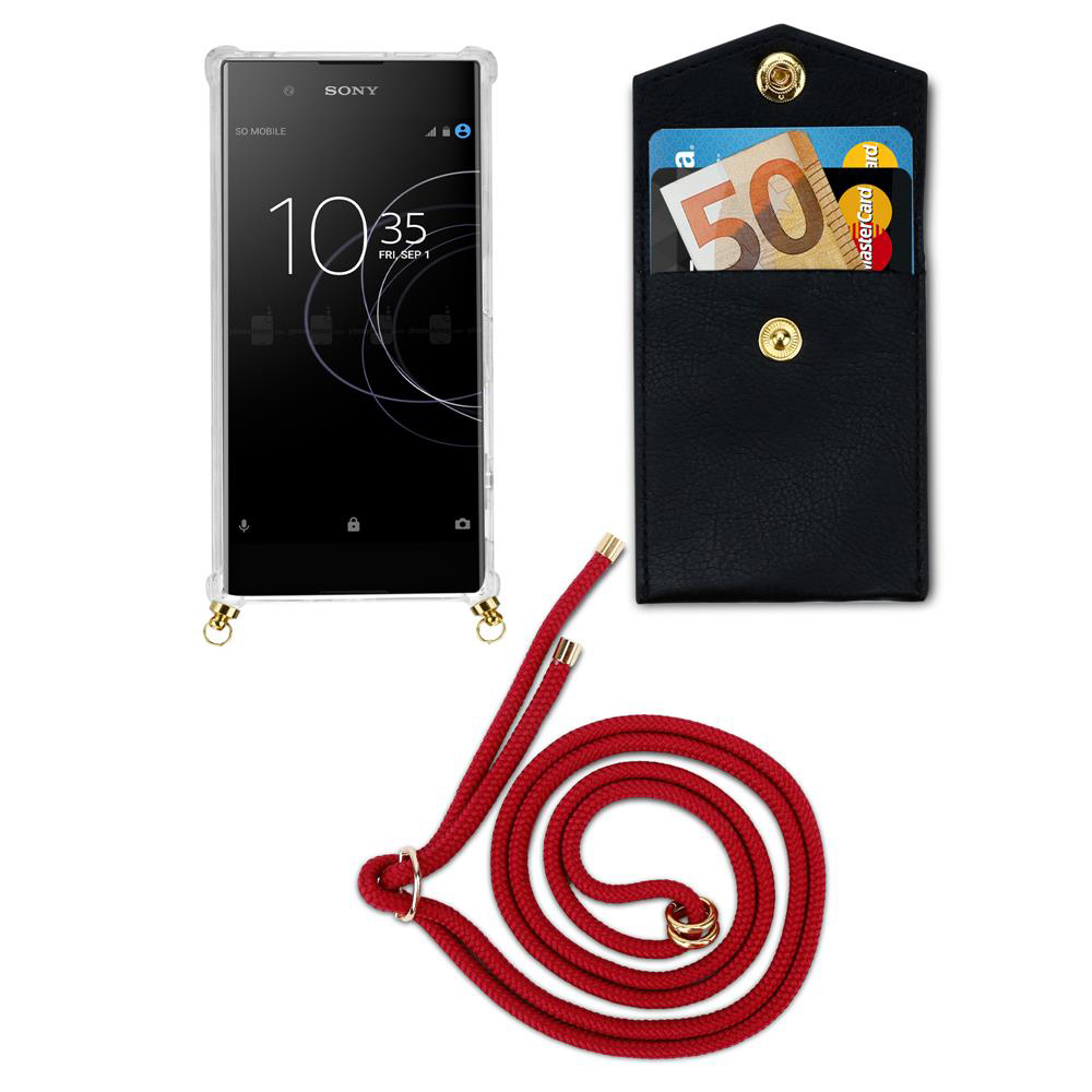 Sony Smartphone mit transparentem Case, schwarzes Kartenetui mit Bargeld und Karten, rote Lanyard-Schnur.