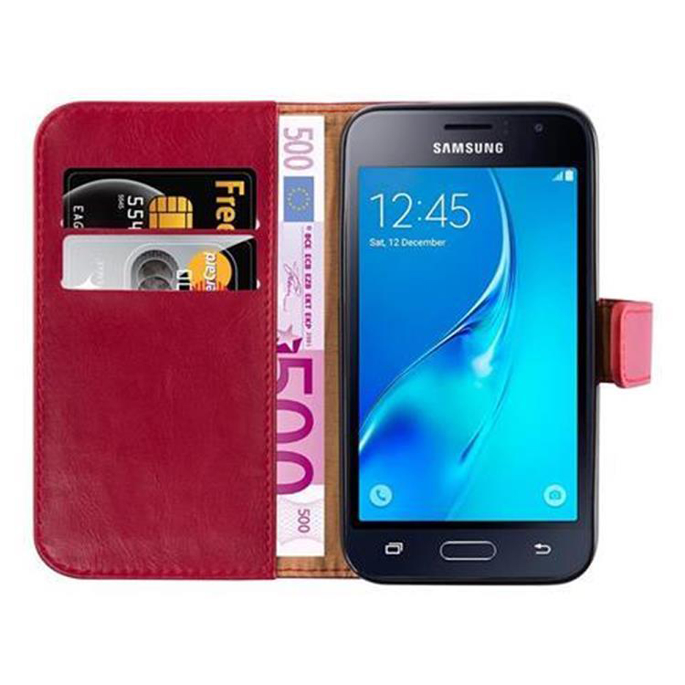 Un Samsung rosso con banconote e carte in un portafoglio.