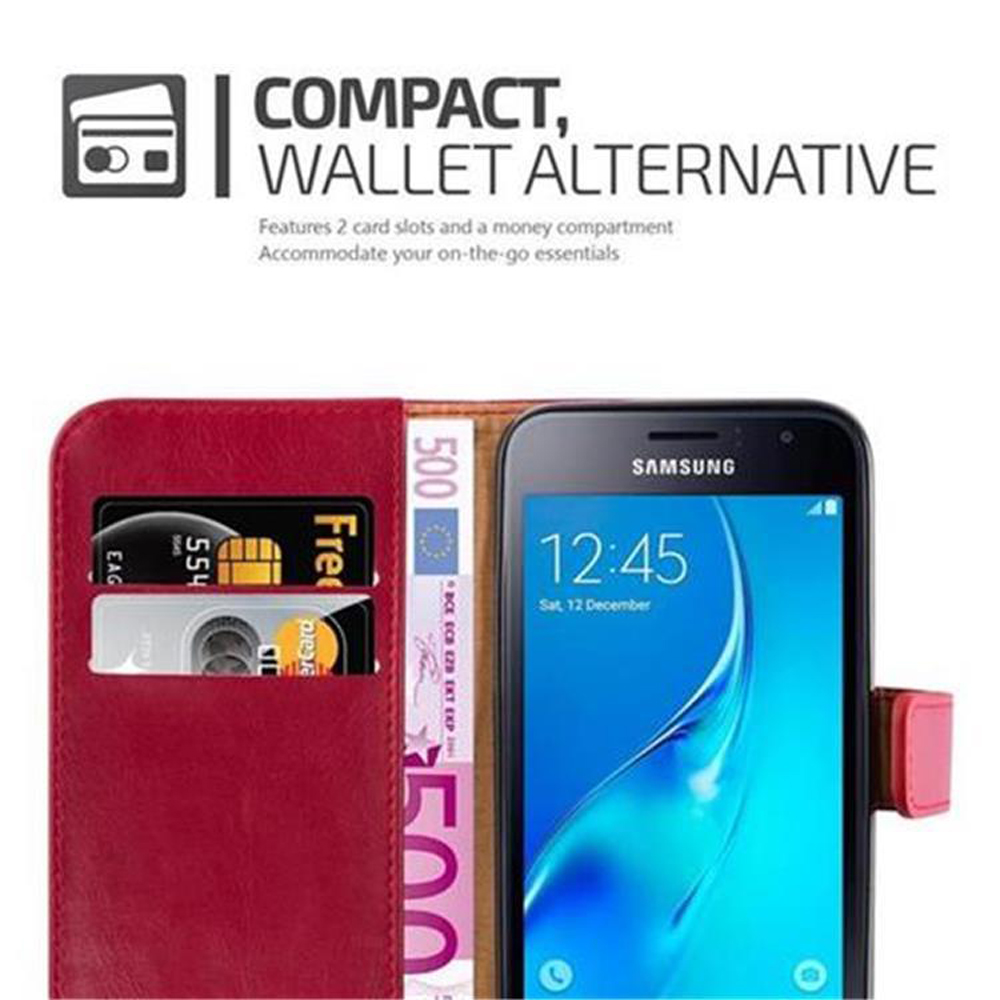 Portafoglio rosso con telefono Samsung, carte e banconota da 500€.