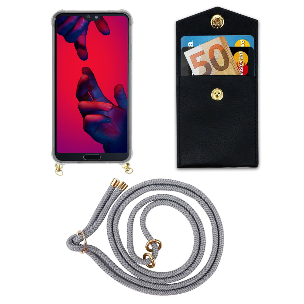 Smartphone con custodia, portafoglio con soldi e carta, e cordino.
