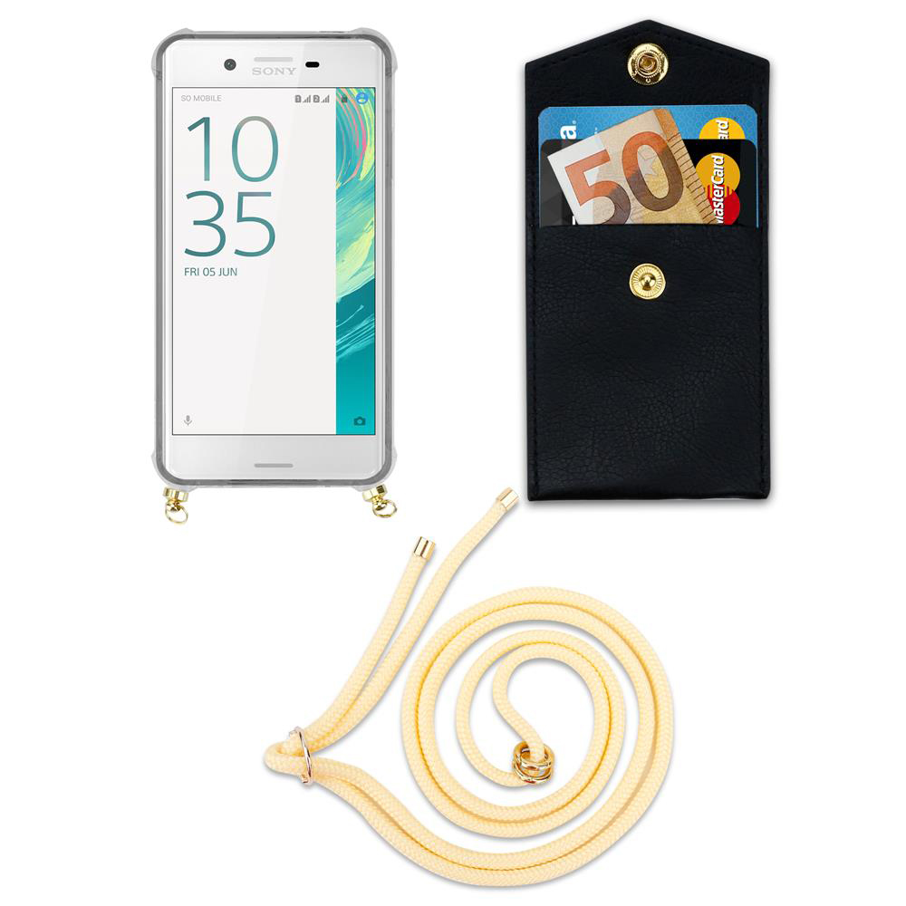 Ein Smartphone, eine schwarze Brieftasche mit Geld und Karten, und eine Kordel.