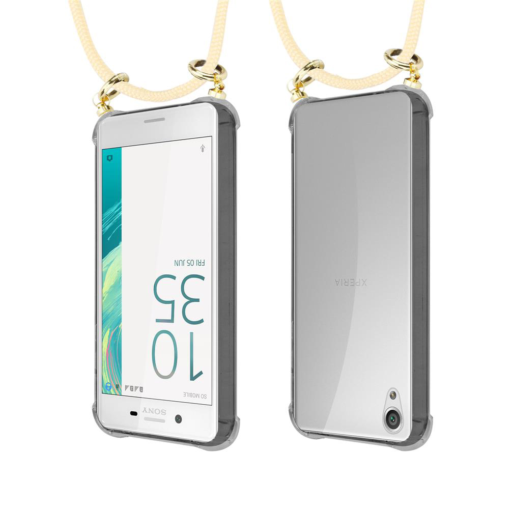 Zwei Sony Xperia Handys mit Lanyard. Eines zeigt die Vorderseite mit Uhrzeit, das andere die Rückseite.