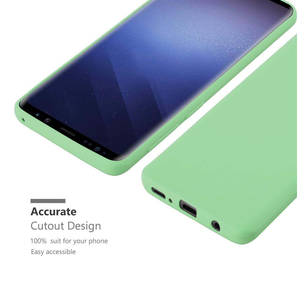 Un telefono verde chiaro con custodia, che mostra ritagli precisi.