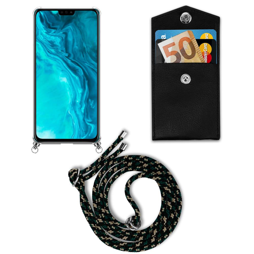 Smartphone in custodia trasparente, borsello nero con banconota da 50€ e carta, laccetto.