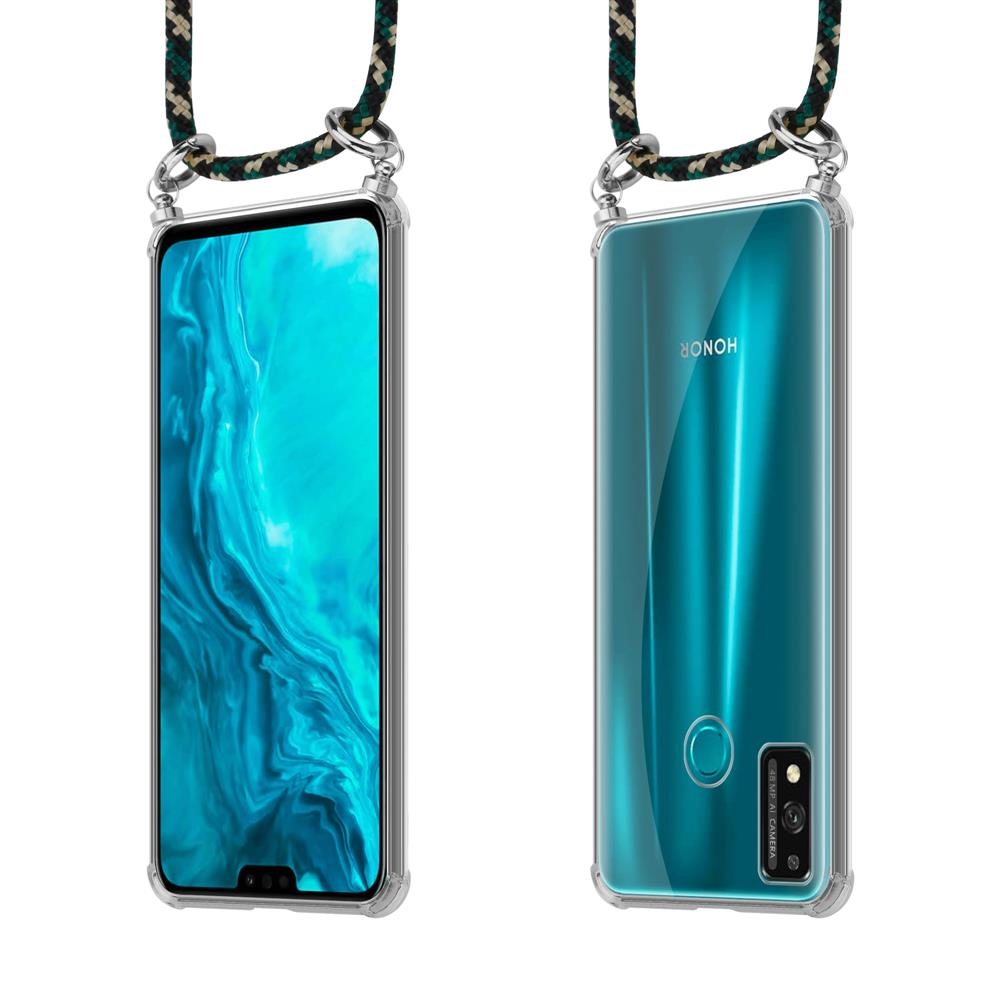 Uno smartphone in custodia trasparente con laccetto, viste frontale e posteriore.