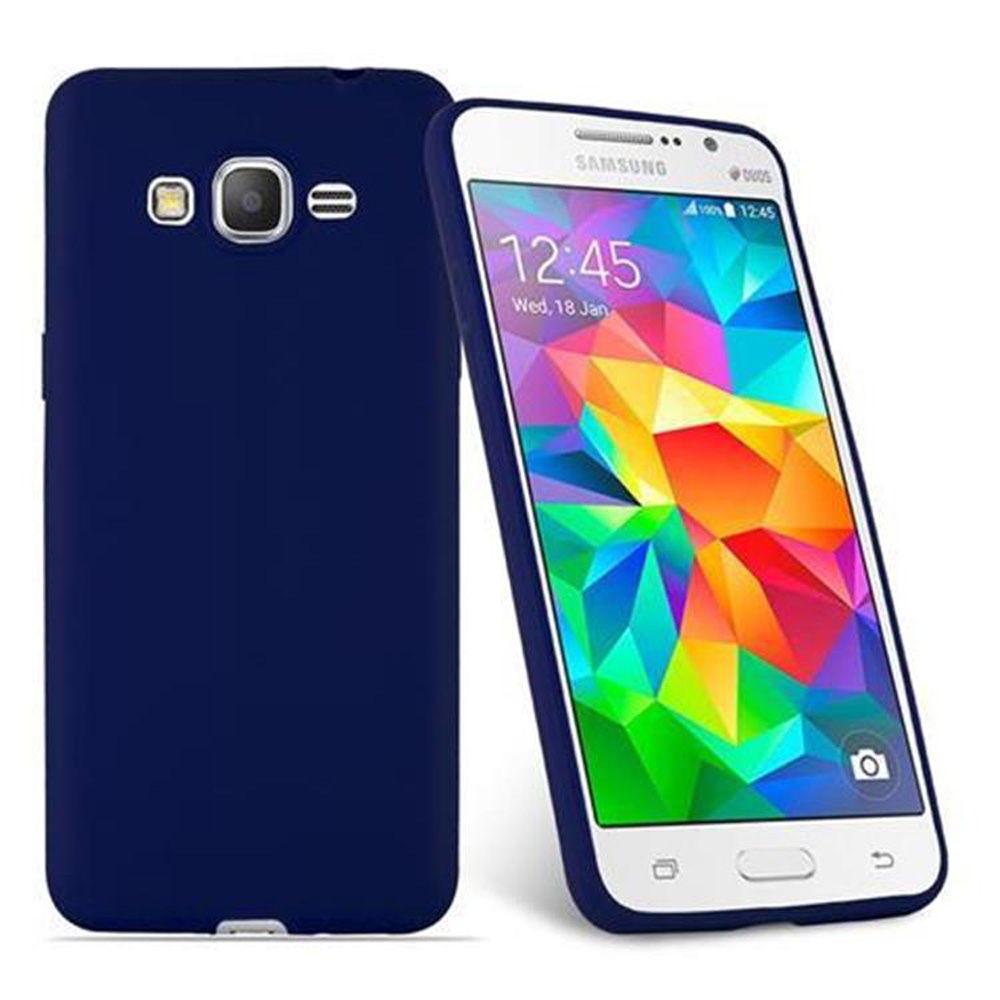 Uno smartphone Samsung blu scuro con custodia, appoggiato di lato.
