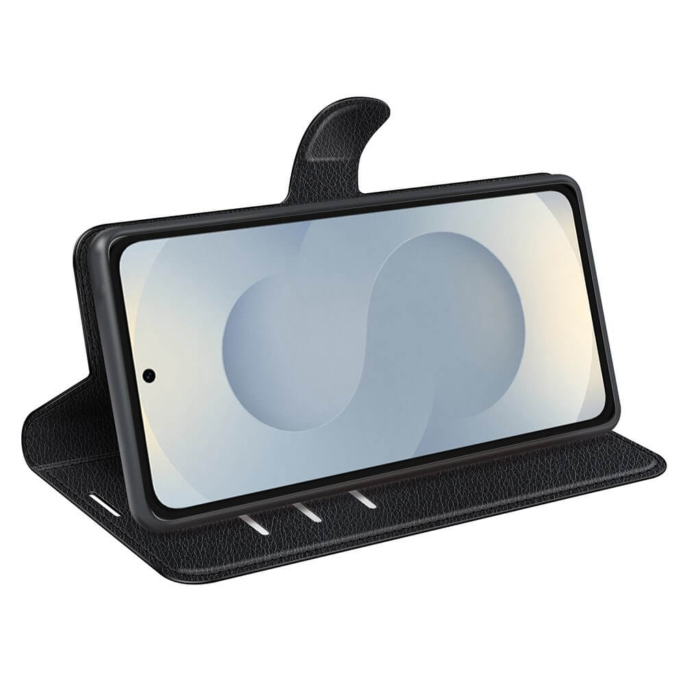 Schwarzes Leder-Flip-Case für ein Smartphone, das aufrecht steht.