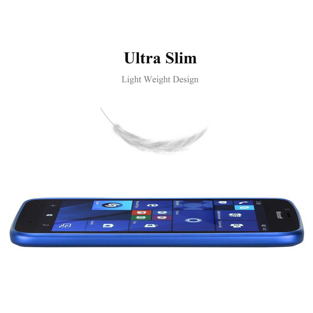 Uno smartphone blu sottile con un'icona di piuma che simboleggia la leggerezza.