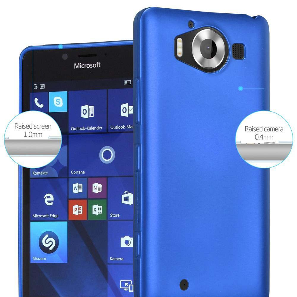 Smartphone Microsoft blu con schermata iniziale aperta e cover.