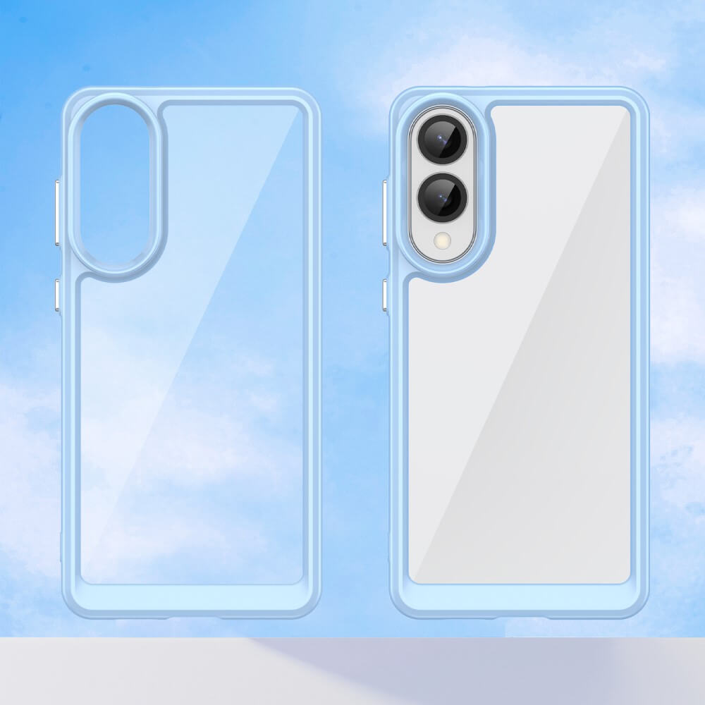 Zwei transparente Handyhüllen mit blauen Rändern auf blauem Himmel-Hintergrund.