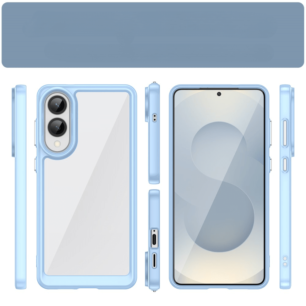 Blaues Handy mit transparentem Gehäuse, Vorder- und Rückansicht.