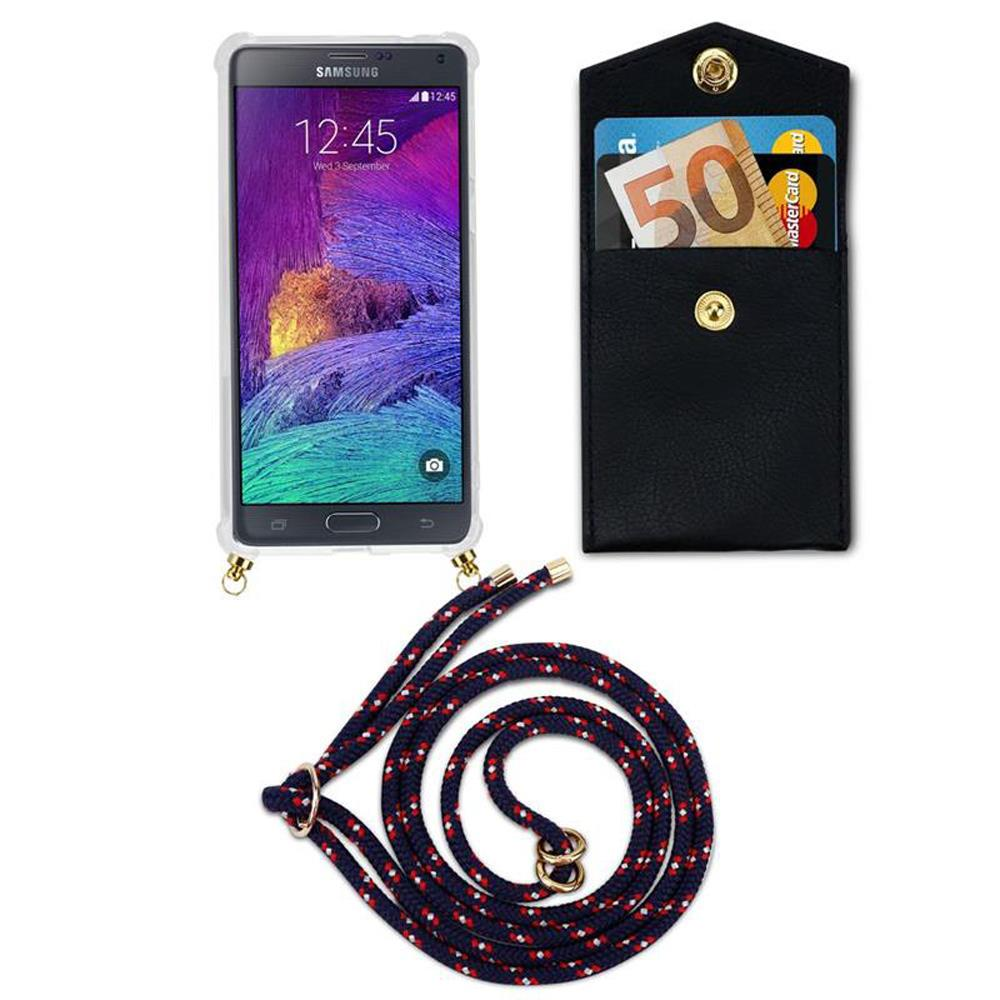 Uno smartphone Samsung in custodia, un portafoglio con soldi e carte, e un cordino.