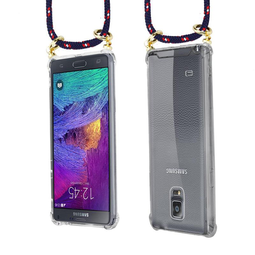 Uno smartphone in custodia trasparente con laccetto. Vista frontale e retro.