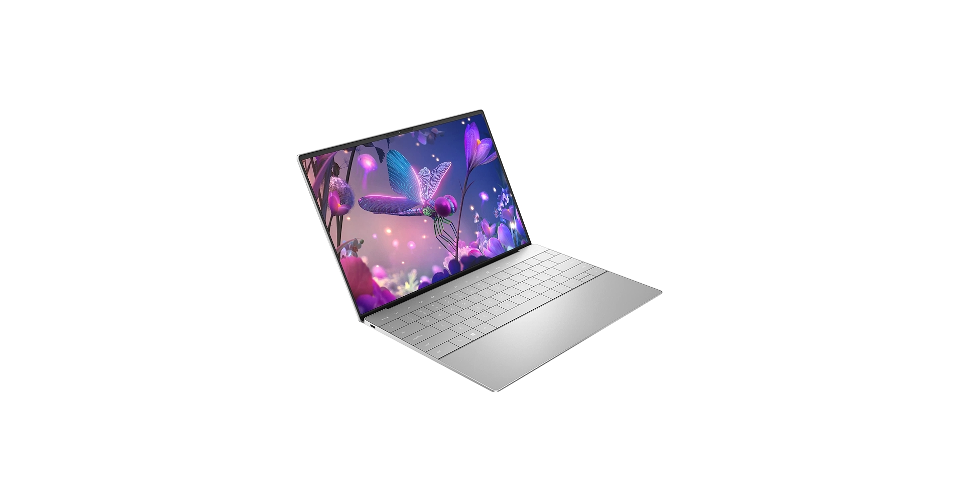 Srebrny laptop z ekranem fantasy przedstawiającym niebiesko-fioletowego motyla.