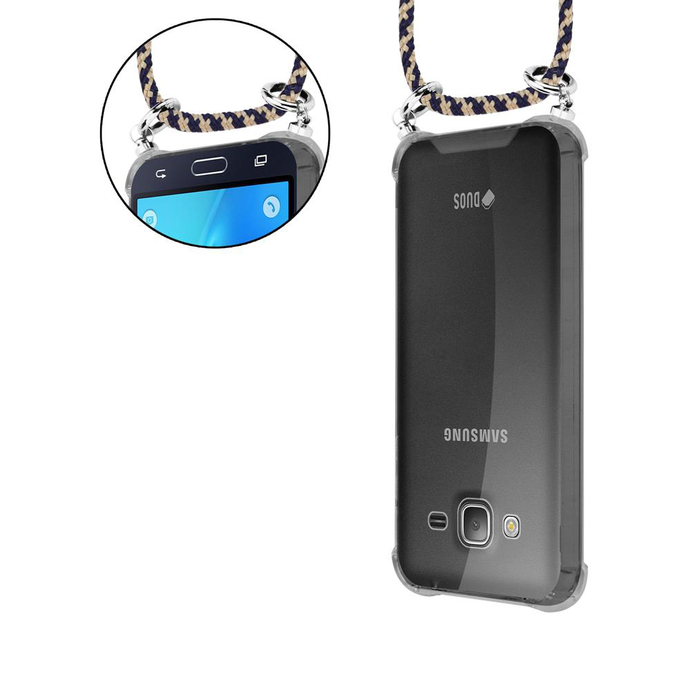 Transparente Handyhülle mit Lanyard. Oben links ist das Display eines Smartphones zu sehen.
