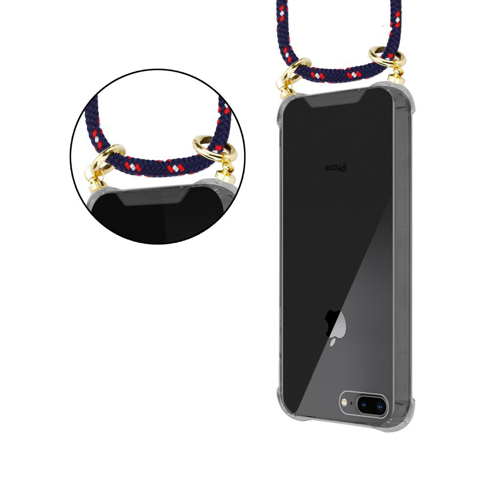 Uno smartphone in custodia trasparente con laccetto da portare a spalla.