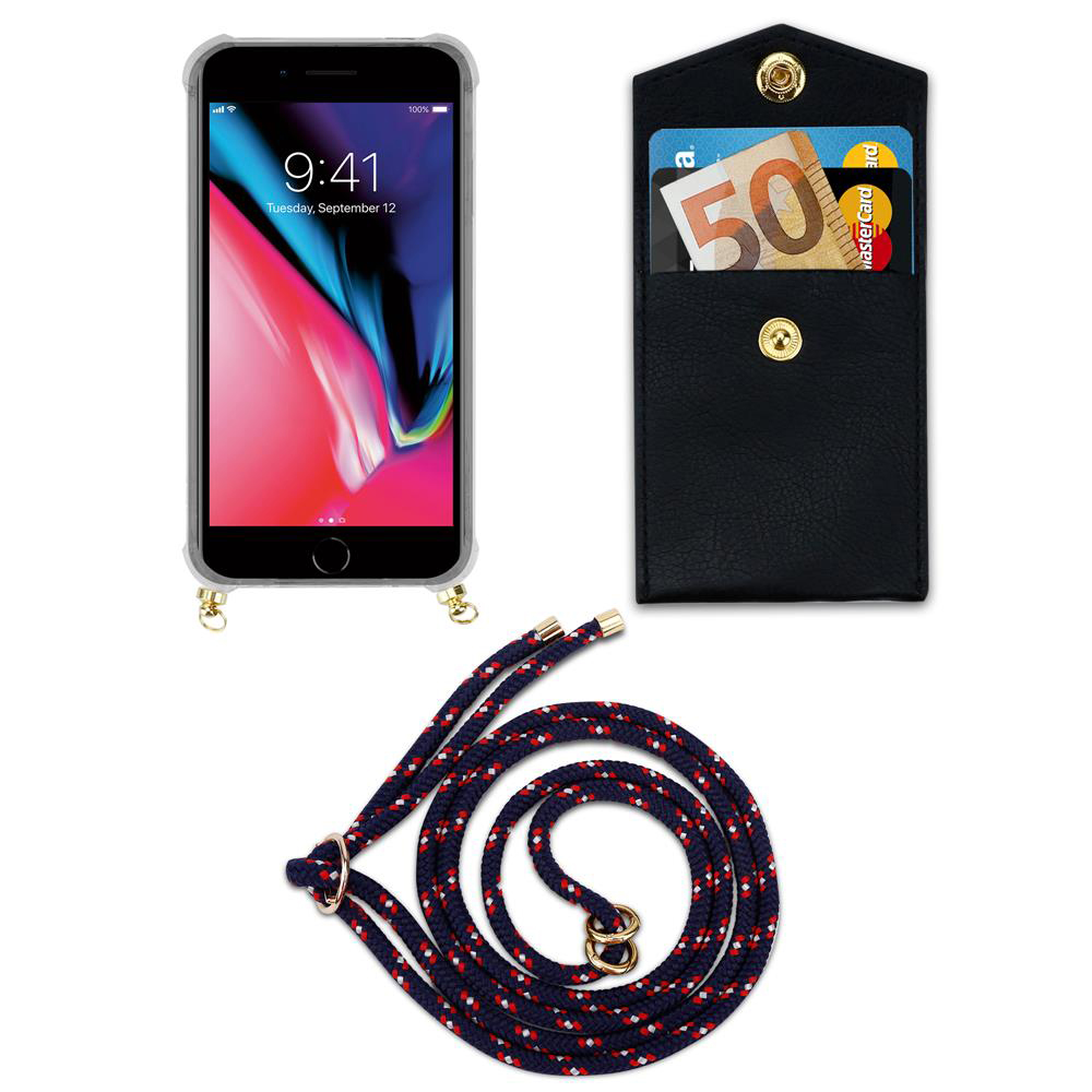 Uno smartphone in custodia, un portafoglio nero con carte e denaro e una corda.