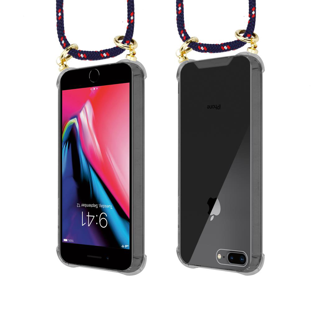 Due iPhone in custodie trasparenti con laccetti, vista frontale e posteriore.
