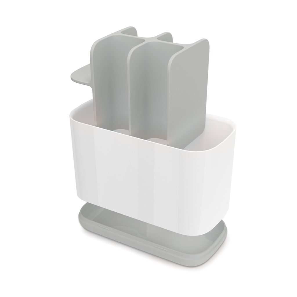 Un porta spazzolini bianco e grigio con tre scomparti.