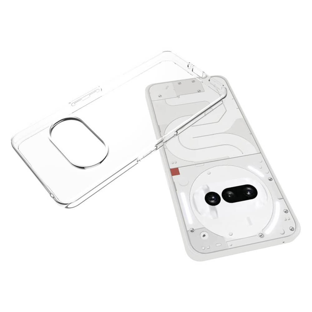 Ein durchsichtiger Schutz für ein Smartphone mit weißer Rückseite und Doppelkamera.