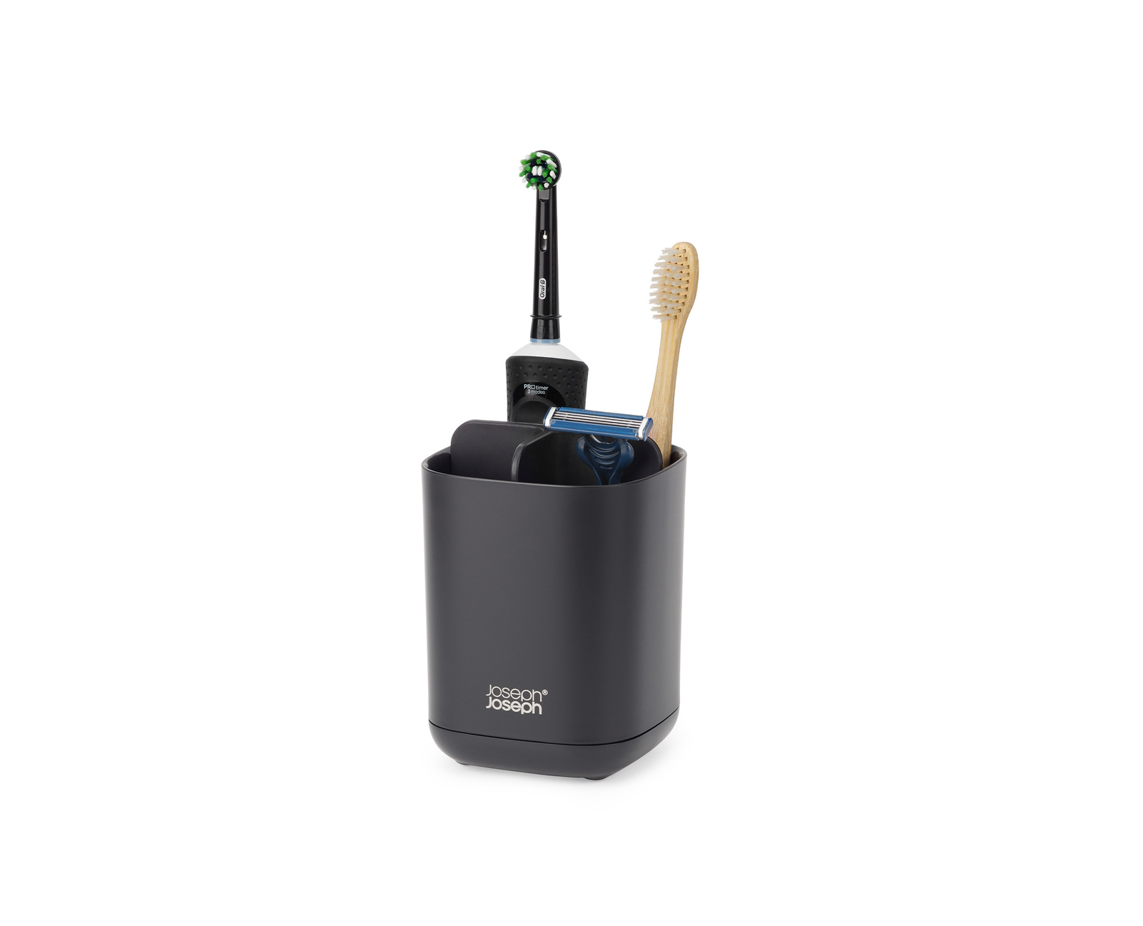 Un organizador oscuro con cepillo dental eléctrico, cepillo de madera y maquinilla.