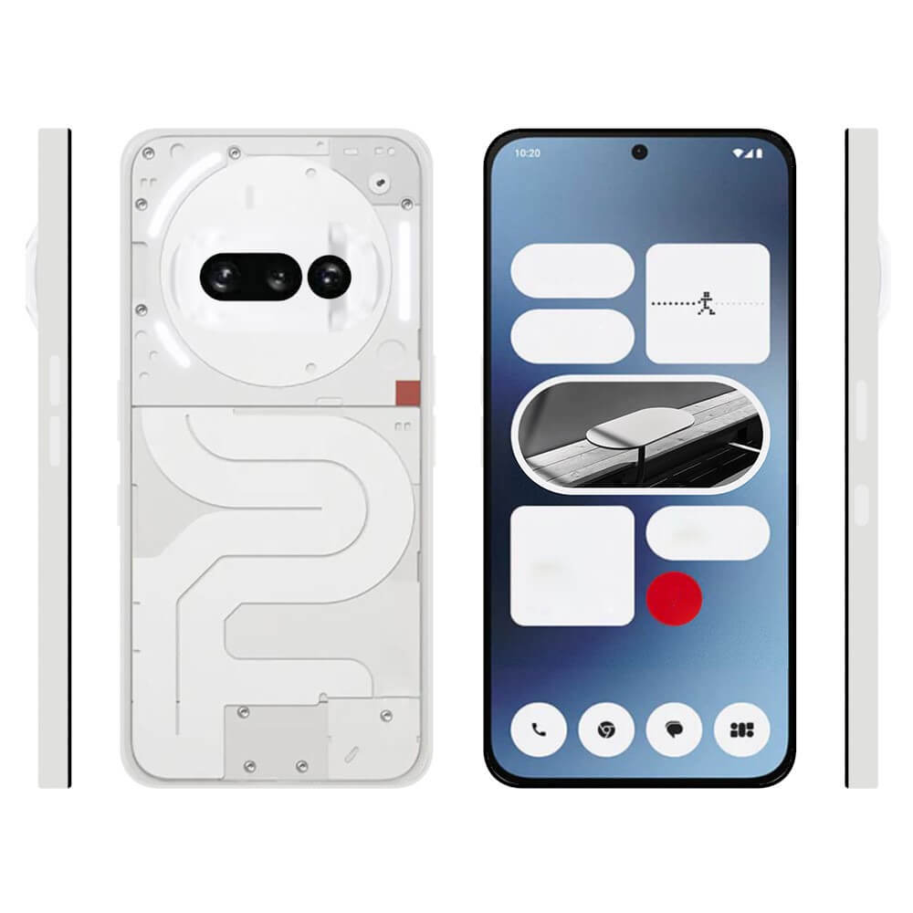 Rückseite und Vorderseite eines weißen Smartphones mit Kameras und Homescreen-Widgets.