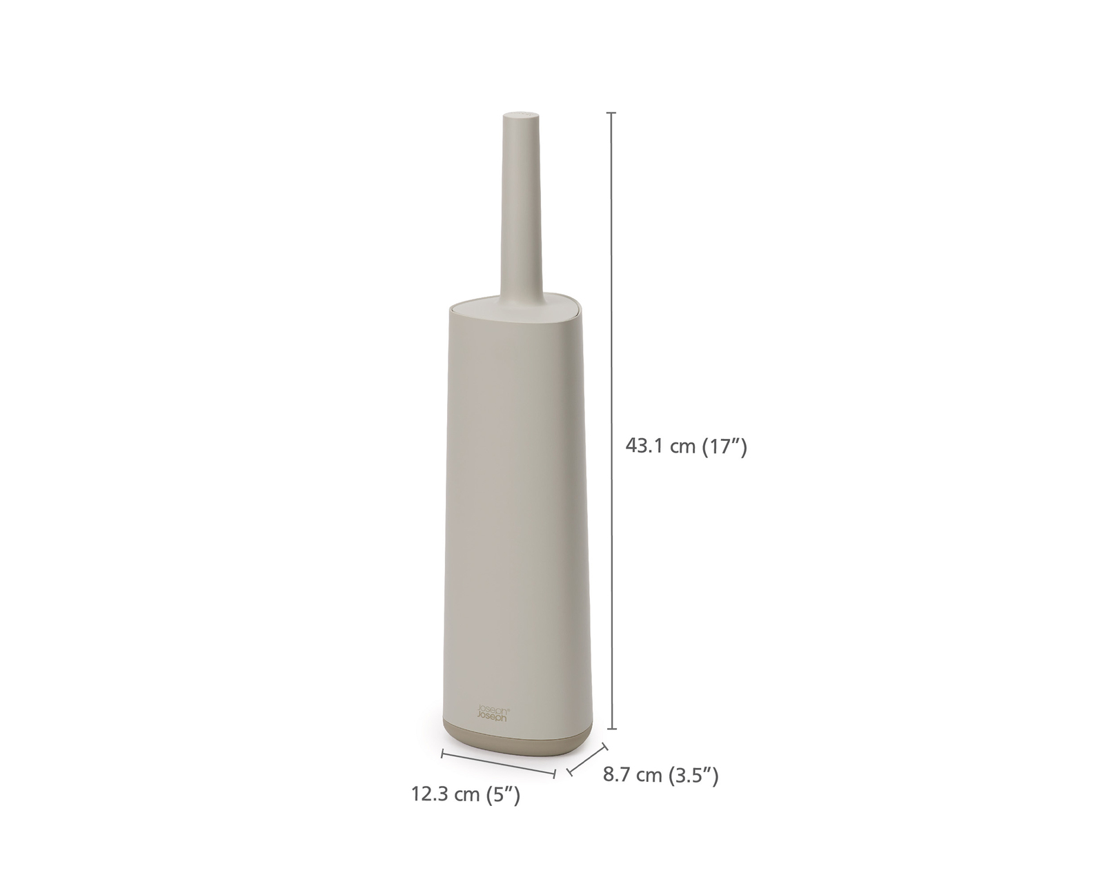 Un cepillo de inodoro alto, estrecho y beige con mango gris y dimensiones.