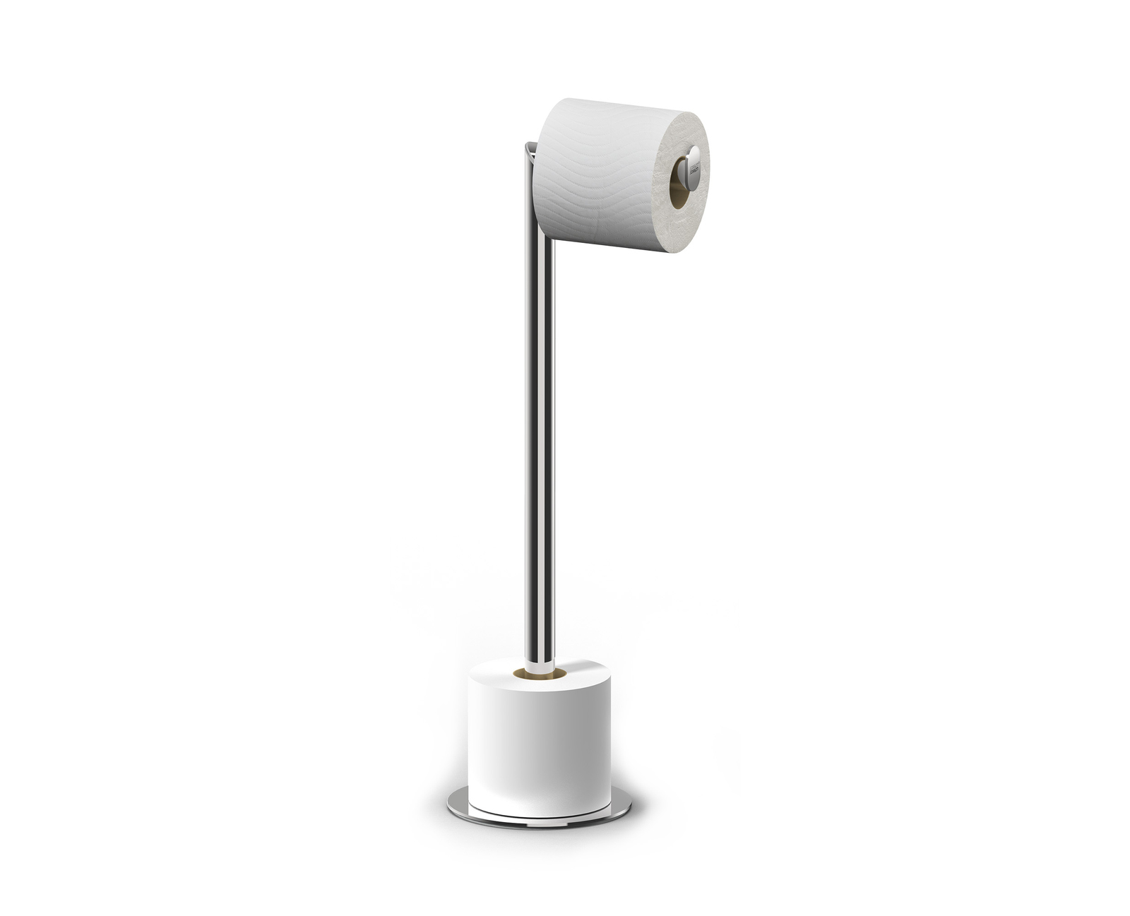 Un portarrollos de papel higiénico blanco con un rollo en soporte metálico.