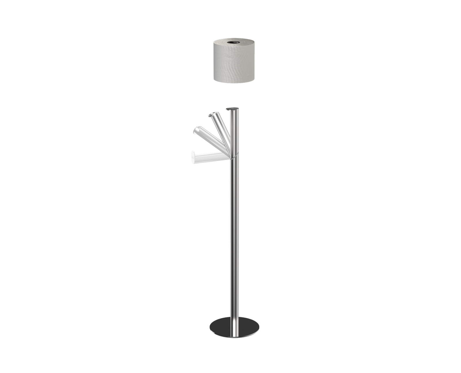 Un soporte plateado con un rollo de papel higiénico encima.