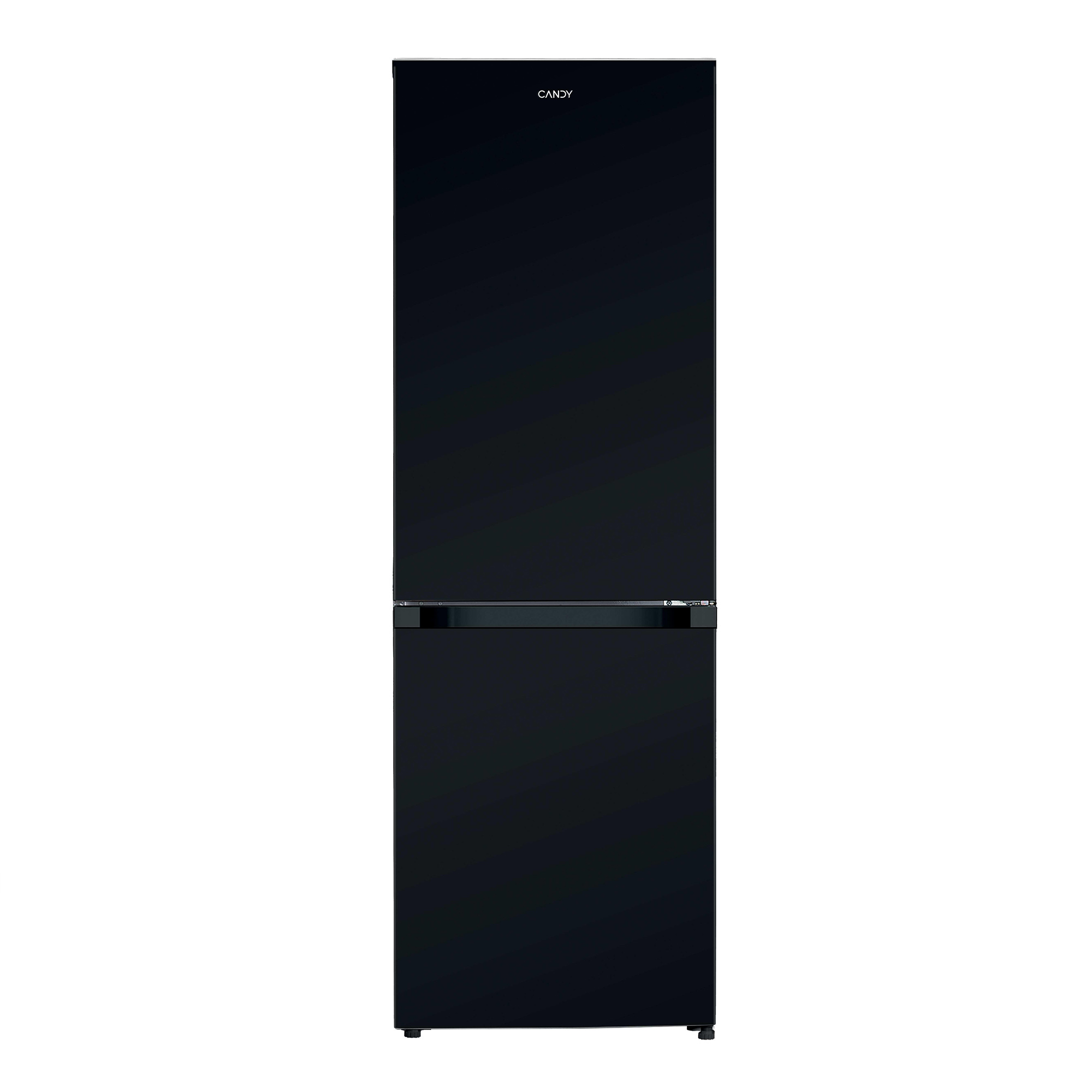 Ein schwarzer Kühlschrank mit silbernem Griff und Candy-Logo.