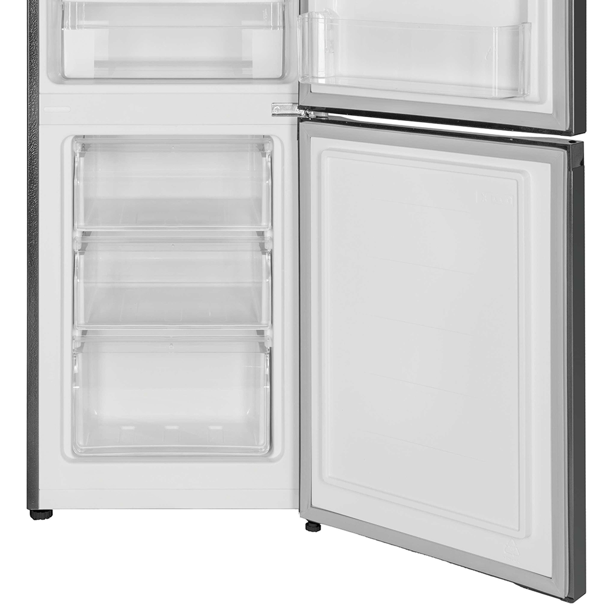 Kühlschrank-Innenraum mit offenen Türen, klare Schubladen und silbernen Akzenten.